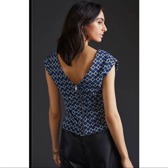EUC Blue Geometric Jacquard Sleeveless Top - Picture 2 of 6